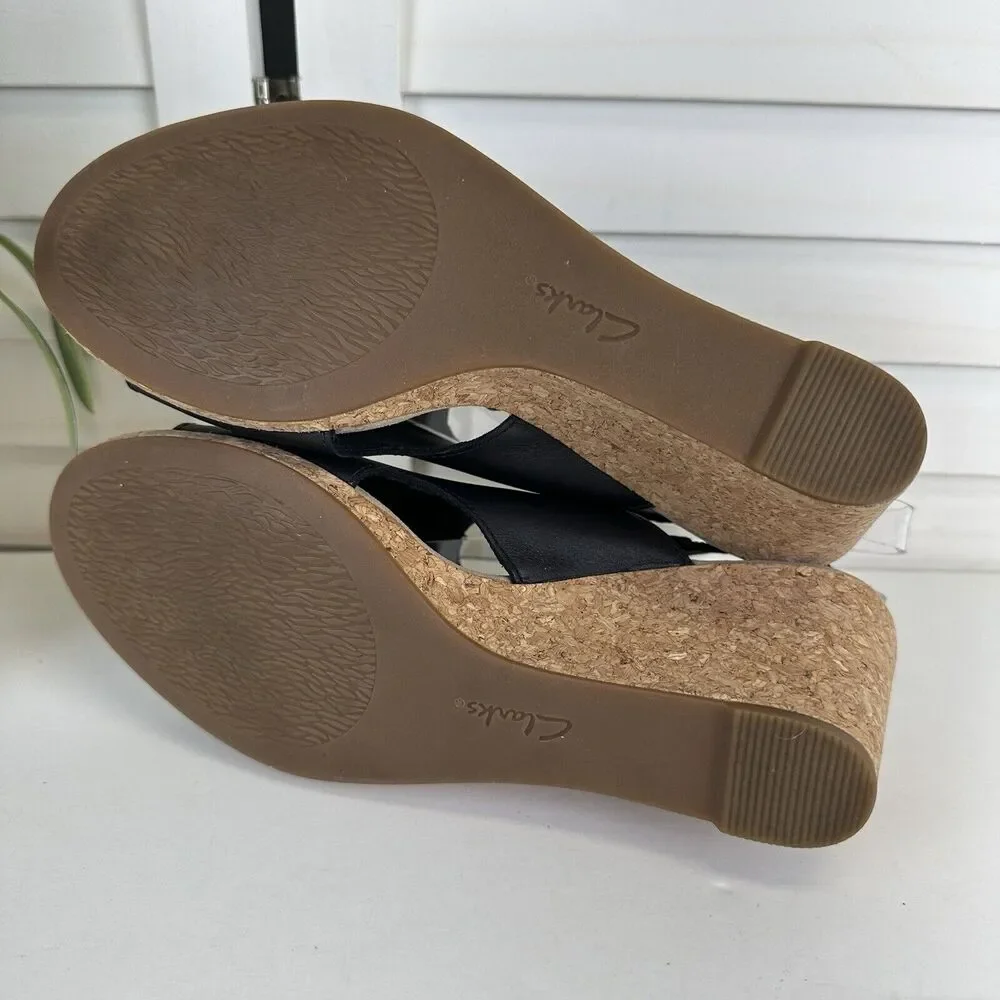 Clarks Lafley Joy Black Lasercut Cork Wedge Heel Sandal Comfort‎ Shoe Size 9 M